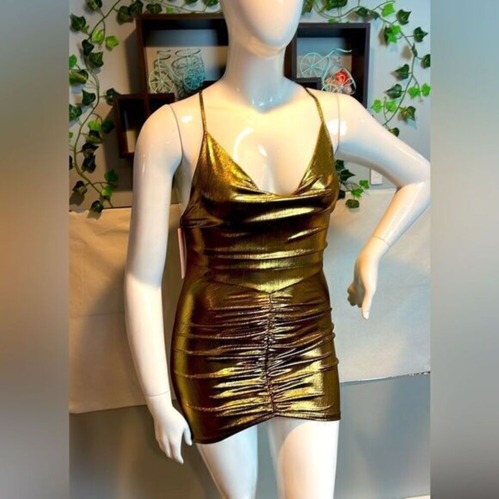Micas Metallic Cowl‎ Neckline Mini Bodycon dress Gold Reflective L